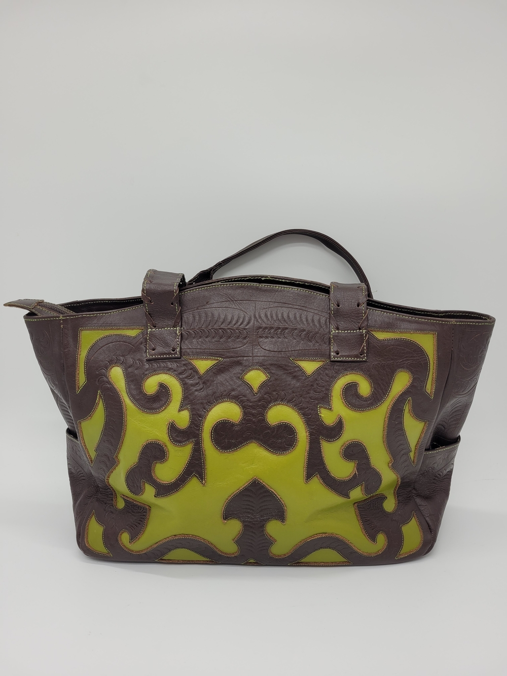 Labrado Leather Bag Brown Green Leather Shoulder Tote Bag Tooled Pockets Western